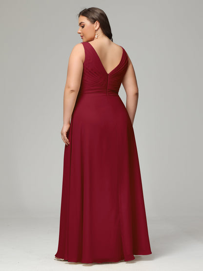 V-neck Straps Chiffon Plus Size Long Bridesmaid Dresses