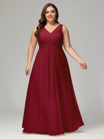V-neck Straps Chiffon Plus Size Long Bridesmaid Dresses