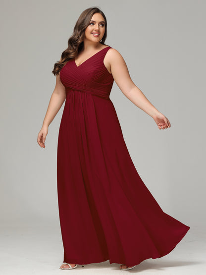 V-neck Straps Chiffon Plus Size Long Bridesmaid Dresses