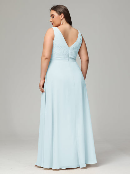 V-neck Straps Chiffon Plus Size Long Bridesmaid Dresses