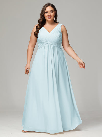 V-neck Straps Chiffon Plus Size Long Bridesmaid Dresses