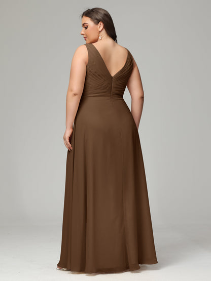 V-neck Straps Chiffon Plus Size Long Bridesmaid Dresses