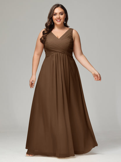 V-neck Straps Chiffon Plus Size Long Bridesmaid Dresses