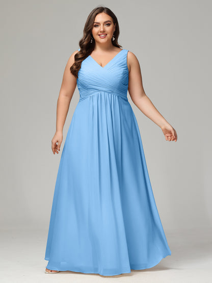 V-neck Straps Chiffon Plus Size Long Bridesmaid Dresses