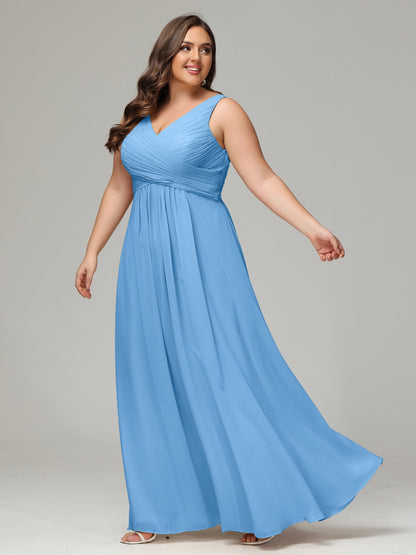 V-neck Straps Chiffon Plus Size Long Bridesmaid Dresses