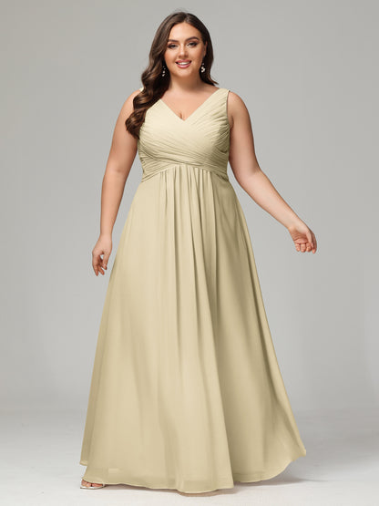 V-neck Straps Chiffon Plus Size Long Bridesmaid Dresses