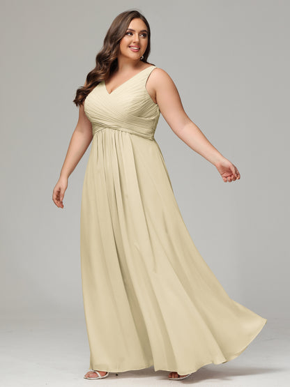 V-neck Straps Chiffon Plus Size Long Bridesmaid Dresses