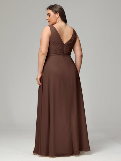 V-neck Straps Chiffon Plus Size Long Bridesmaid Dresses