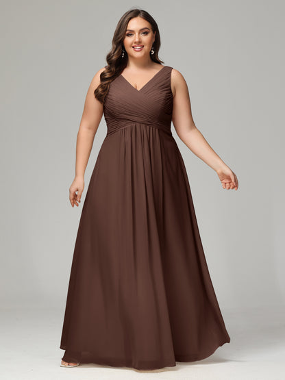 V-neck Straps Chiffon Plus Size Long Bridesmaid Dresses