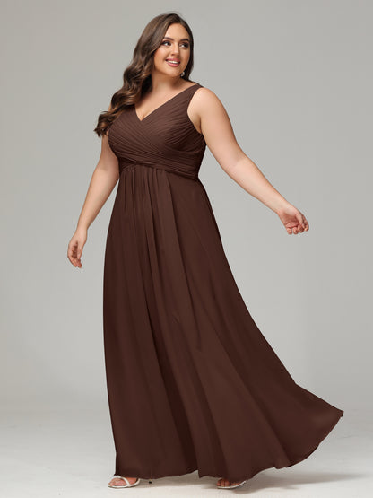 V-neck Straps Chiffon Plus Size Long Bridesmaid Dresses