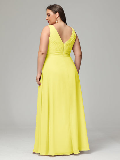 V-neck Straps Chiffon Plus Size Long Bridesmaid Dresses