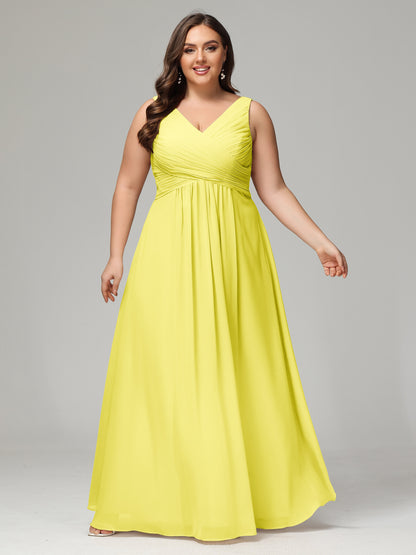 V-neck Straps Chiffon Plus Size Long Bridesmaid Dresses