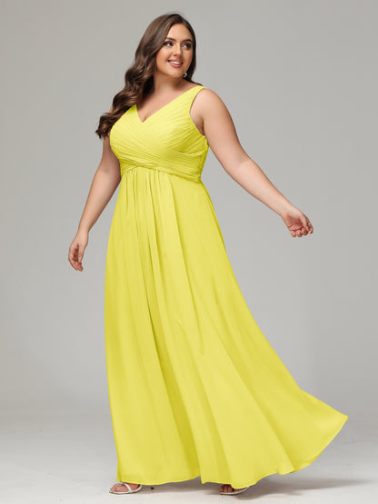 V-neck Straps Chiffon Plus Size Long Bridesmaid Dresses