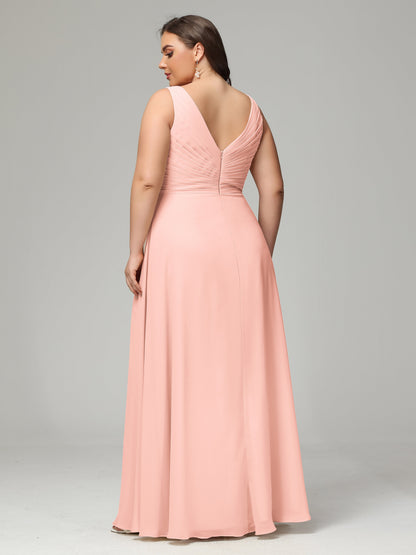 V-neck Straps Chiffon Plus Size Long Bridesmaid Dresses