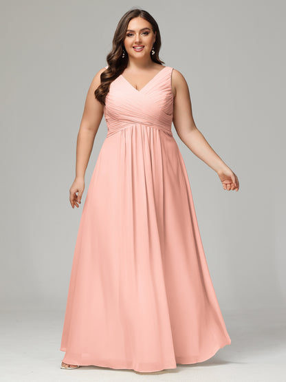 V-neck Straps Chiffon Plus Size Long Bridesmaid Dresses