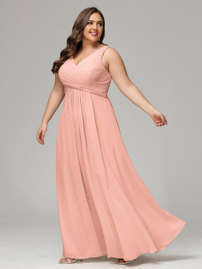 V-neck Straps Chiffon Plus Size Long Bridesmaid Dresses