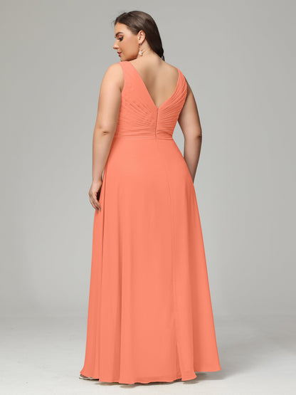 V-neck Straps Chiffon Plus Size Long Bridesmaid Dresses