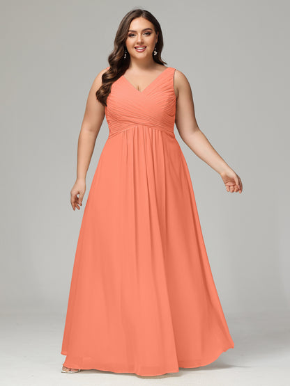 V-neck Straps Chiffon Plus Size Long Bridesmaid Dresses