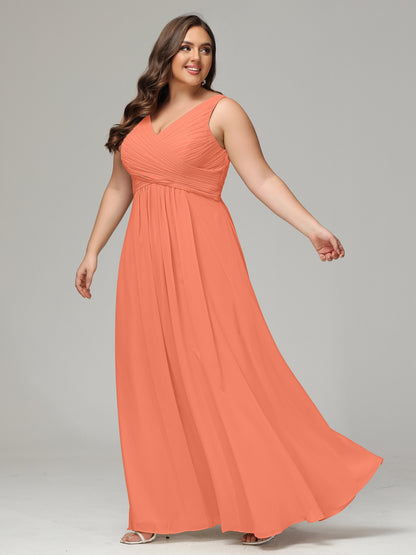 V-neck Straps Chiffon Plus Size Long Bridesmaid Dresses