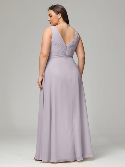 V-neck Straps Chiffon Plus Size Long Bridesmaid Dresses