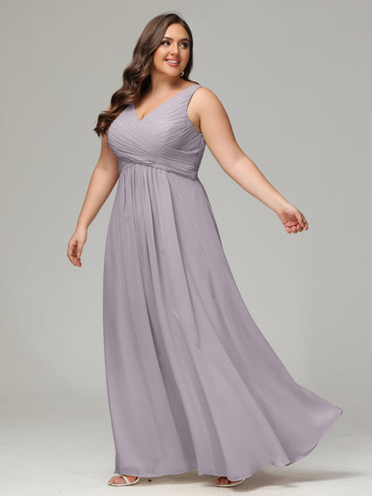 V-neck Straps Chiffon Plus Size Long Bridesmaid Dresses