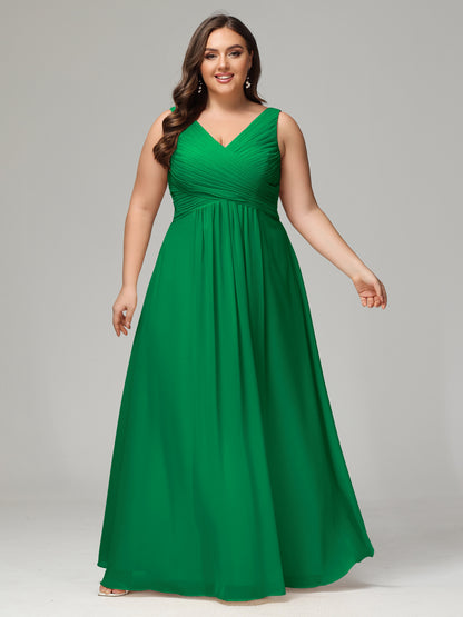 V-neck Straps Chiffon Plus Size Long Bridesmaid Dresses