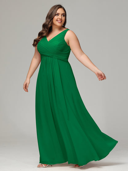 V-neck Straps Chiffon Plus Size Long Bridesmaid Dresses