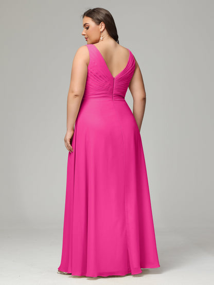 V-neck Straps Chiffon Plus Size Long Bridesmaid Dresses