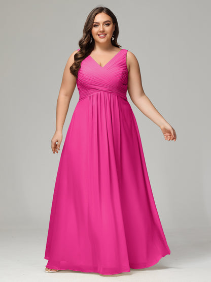V-neck Straps Chiffon Plus Size Long Bridesmaid Dresses