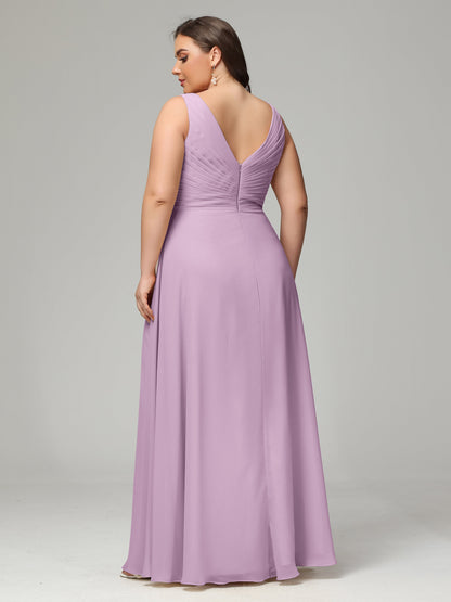 V-neck Straps Chiffon Plus Size Long Bridesmaid Dresses
