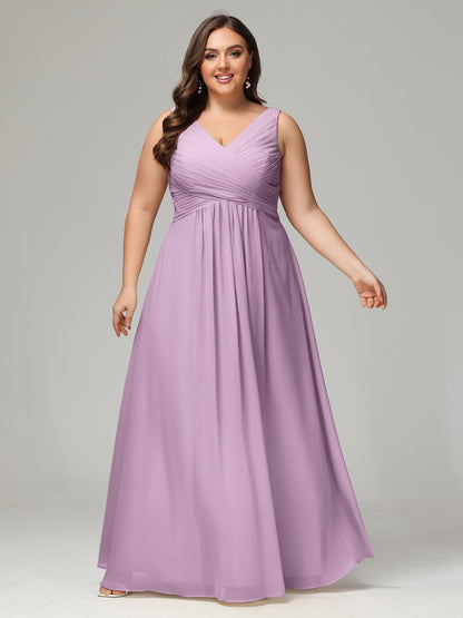 V-neck Straps Chiffon Plus Size Long Bridesmaid Dresses