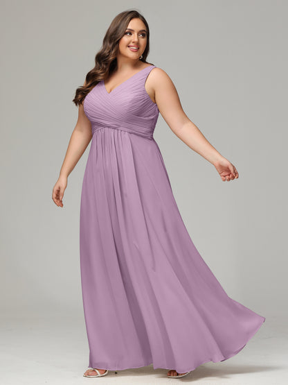 V-neck Straps Chiffon Plus Size Long Bridesmaid Dresses