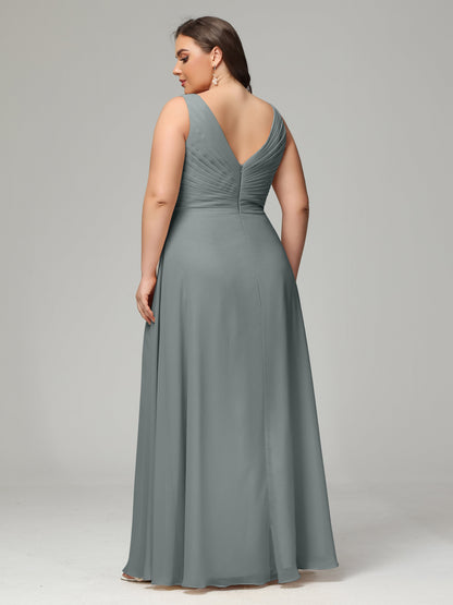V-neck Straps Chiffon Plus Size Long Bridesmaid Dresses