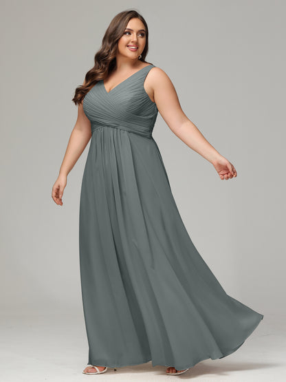 V-neck Straps Chiffon Plus Size Long Bridesmaid Dresses