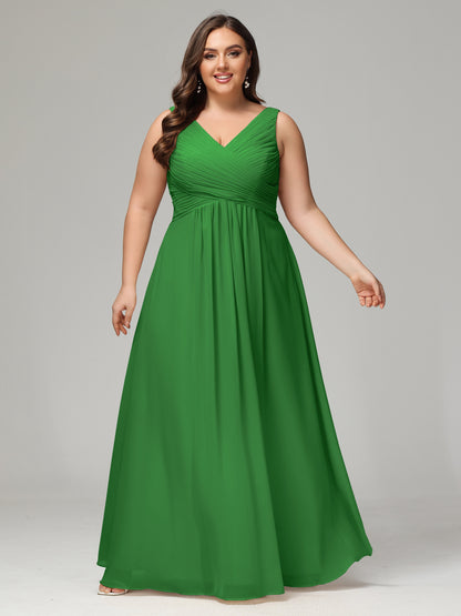 V-neck Straps Chiffon Plus Size Long Bridesmaid Dresses