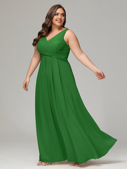 V-neck Straps Chiffon Plus Size Long Bridesmaid Dresses