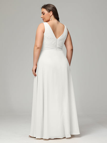 V-neck Straps Chiffon Plus Size Long Bridesmaid Dresses