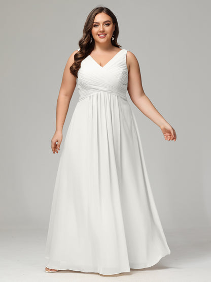 V-neck Straps Chiffon Plus Size Long Bridesmaid Dresses