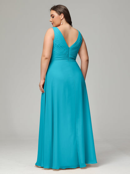 V-neck Straps Chiffon Plus Size Long Bridesmaid Dresses