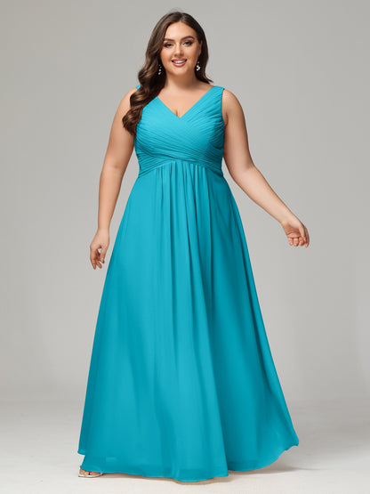 V-neck Straps Chiffon Plus Size Long Bridesmaid Dresses