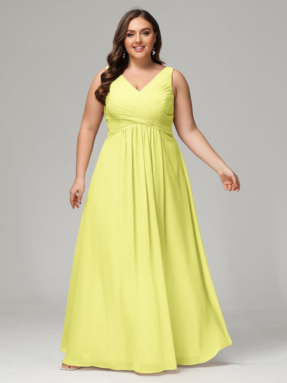 V-neck Straps Chiffon Plus Size Long Bridesmaid Dresses