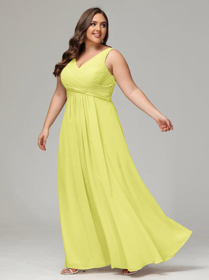 V-neck Straps Chiffon Plus Size Long Bridesmaid Dresses