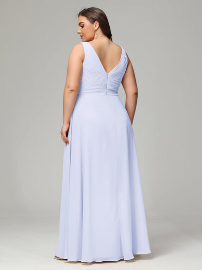 V-neck Straps Chiffon Plus Size Long Bridesmaid Dresses