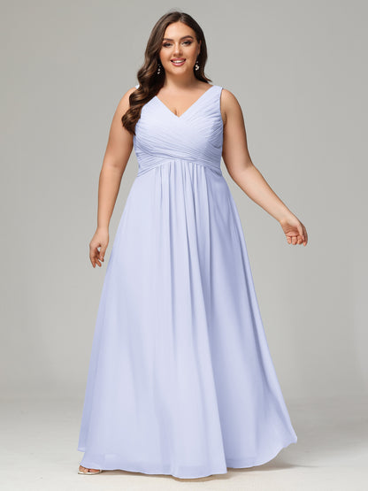V-neck Straps Chiffon Plus Size Long Bridesmaid Dresses