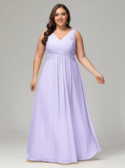 V-neck Straps Chiffon Plus Size Long Bridesmaid Dresses