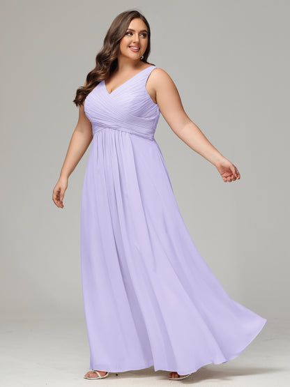 V-neck Straps Chiffon Plus Size Long Bridesmaid Dresses