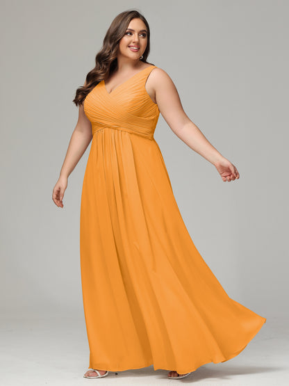 V-neck Straps Chiffon Plus Size Long Bridesmaid Dresses