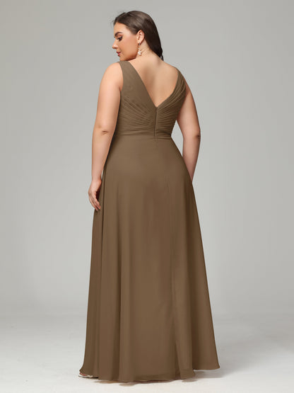 V-neck Straps Chiffon Plus Size Long Bridesmaid Dresses