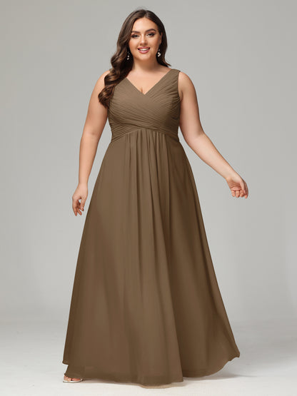 V-neck Straps Chiffon Plus Size Long Bridesmaid Dresses