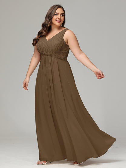 V-neck Straps Chiffon Plus Size Long Bridesmaid Dresses